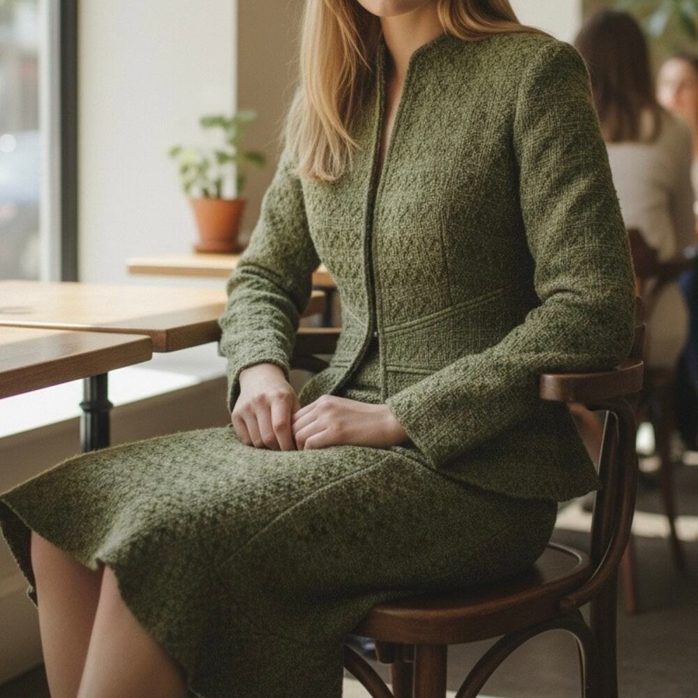 INC Tweed Career Blazer Trumpet Skirt Set Outfit Women's 6 Olive Green